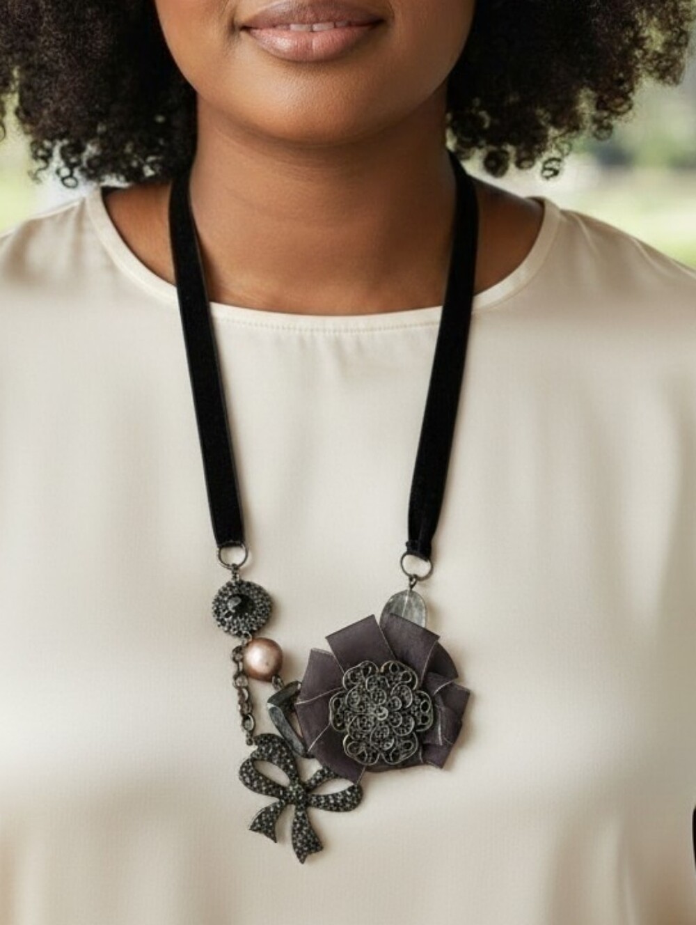 Statement Black Floral Ribbon Necklace